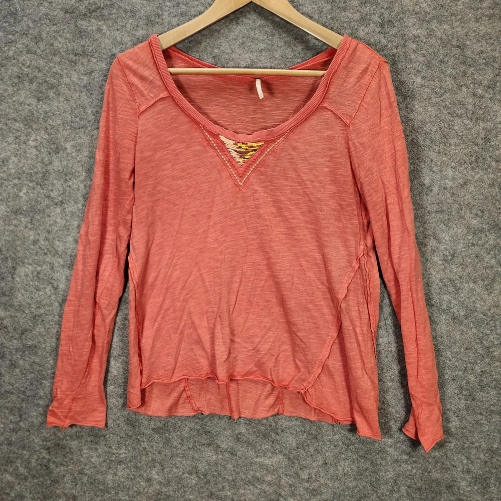 Free People Top Womens Small Orange Beaded Burnout Semi Sheer Boho Boxy Shirt